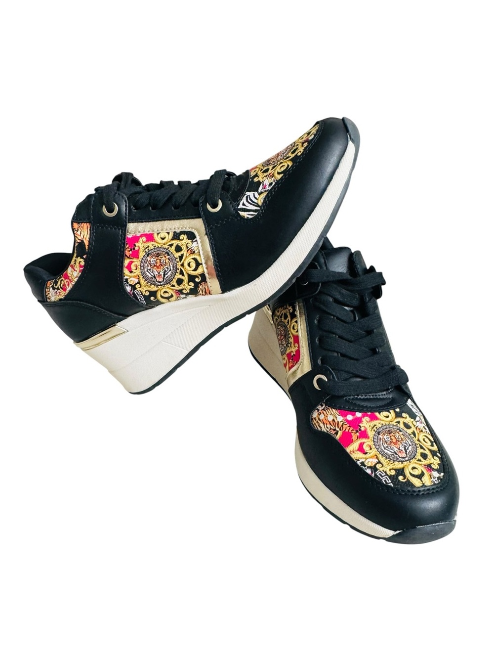 NWOB ALDO Women's Black Sneakers with Gold and Pink Baroque Accents Size 8 1/2